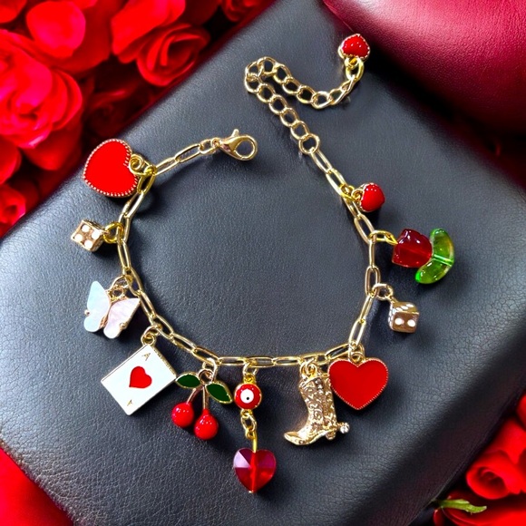 Whimsical Adorable Gold and Red Toned Charm Bracelet Adjustable Chain 7”-9” - Picture 1 of 17